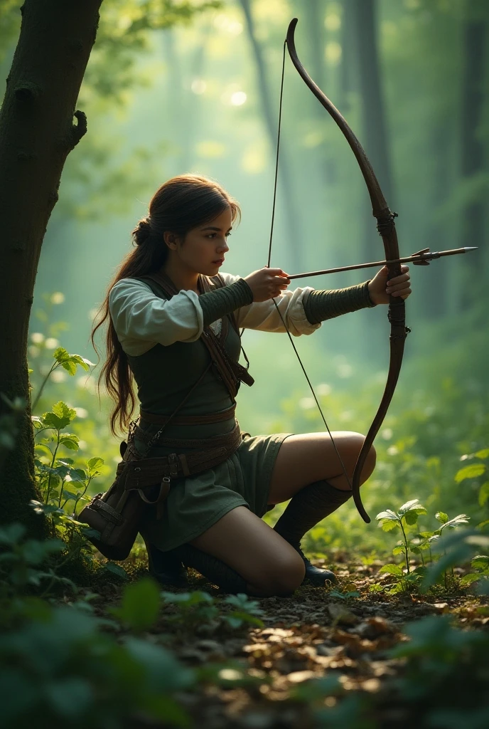 Highest quality Fantasy Young female hunter with a bow Staring at a bonfire The background is a night forest