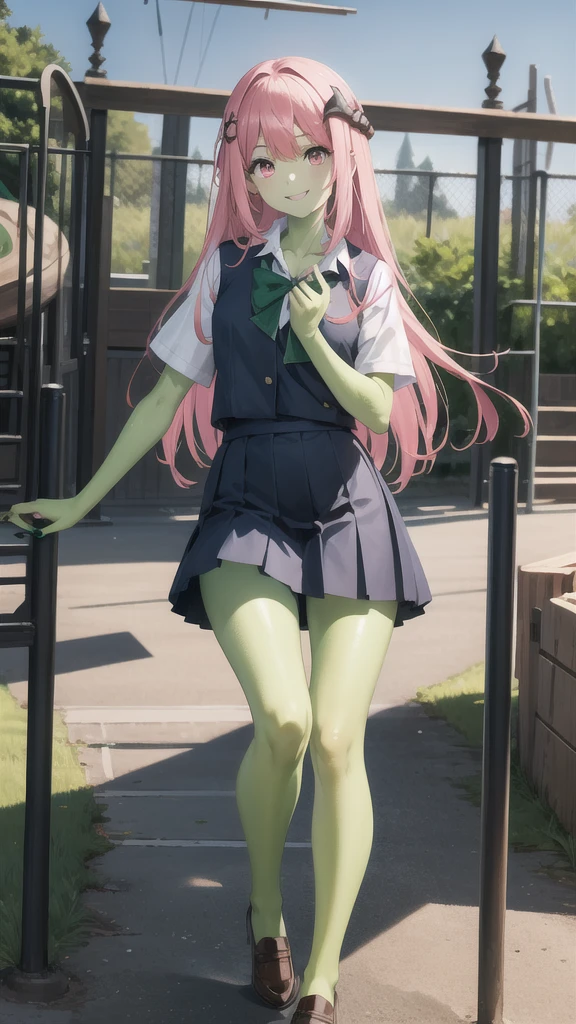 1 Girl, Miss, Mudstone ( tomorrow's ark ), pink eyes ,  alone, There is only one person， Long hair,  bangs,Pink hair， to a standing, Mudstonedefclass, HD， best quality，Skin of color，Green Skin，Sharp nails， green nails ，Green Skin，Green Skin，Green Skin，Green Skin，Green Skin，Green Skin，Green Skin，School Uniform，playground，Lying on the ground，Smile