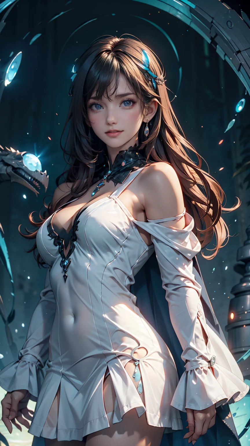 (absurdres, highres, ultra detailed), 1woman, mature female, aged up, wavy long hair, auburn hair, coral eyes, bangs, long sleeves, finely detailed eyes and detailed face, extremely detailed CG unity 8k wallpaper, intricate details, (style-swirlmagic:1.0), looking at viewer, solo, upper body, detailed background, close up, detailed face, (gothic dark ages theme:1.1), crystal sorcerer, dynamic pose, earth themed clothes, crystal crown, floating in the air, glowing magical shards, surrounded by blue magical crystals, rock formations, stalactites, magical floating particles, crystal glass, crystal sphere, crystal canyon background, (shallow water:0.7), epic ethereal atmosphere, updraft,, portrait
