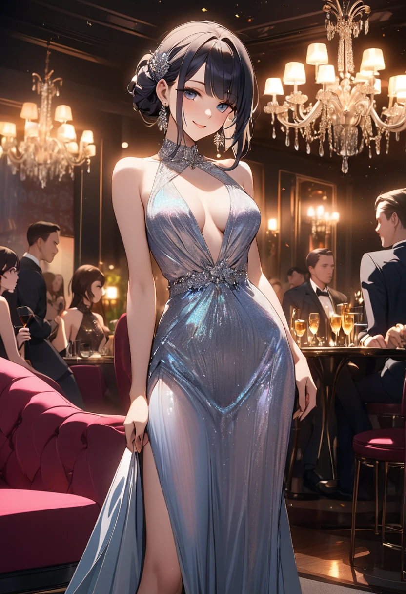 ((best quality)), ((masterpiece)), (detailed), perfect face,light blush,smile,detailed pupils,cowboy shot, , ( ,), looking at viewer,beautiful woman girl,(skindentation:1.2), shiny skin, best quality, ultra high res, (photorealistic:1.4),sexy dress,beautiful background