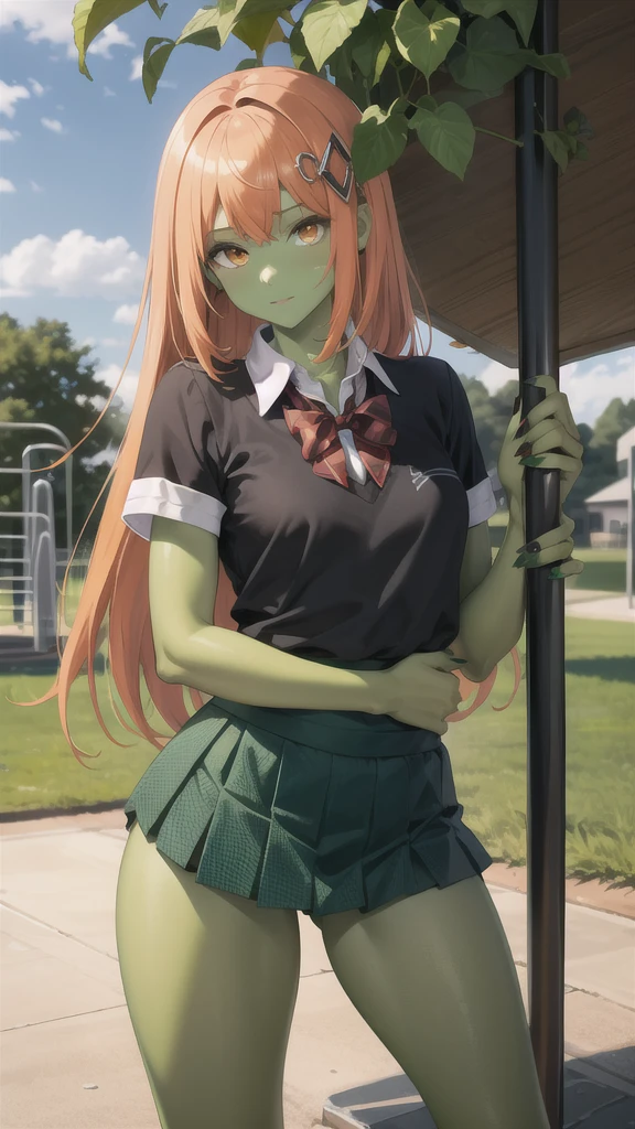 1 Girl, Miss, Mudstone ( tomorrow's ark ), Orange eyes,  alone, There is only one person， Long hair,  bangs,Orange hair ， to a standing, Mudstonedefclass, HD， best quality，Skin of color，Green Skin，Sharp nails， green nails ，Green Skin，Green Skin，Green Skin，Green Skin，Green Skin，Green Skin，Green Skin，School Uniform，playground，run，cold