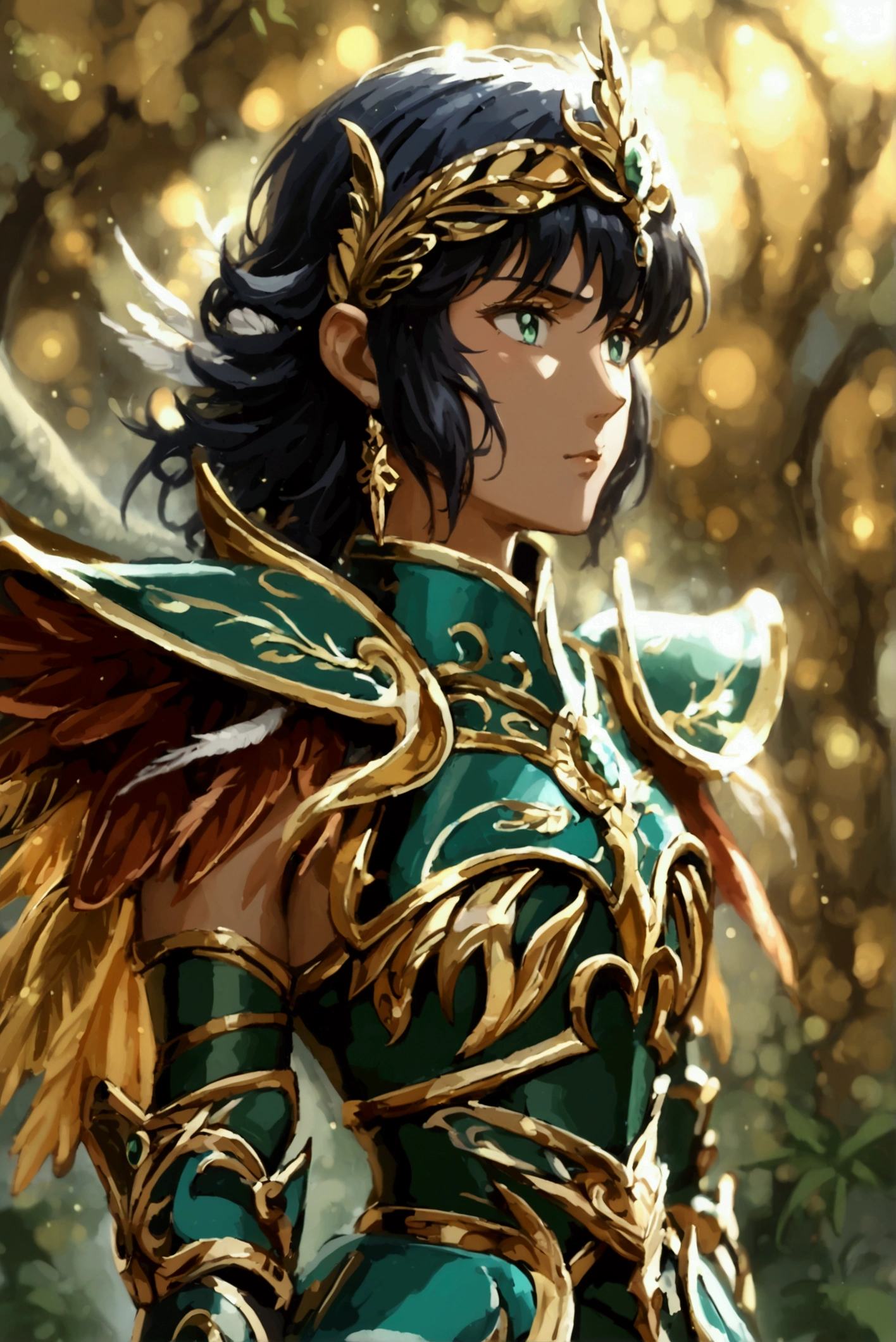 Draw an 18-year-old Hera in a kamui armor inspired by *Saint Seiya*, embodying regality, wisdom, and a quiet intensity. She stands poised and graceful, with a slender yet athletic build, flowing dark hair adorned with a subtle, gold laurel crown, and sharp, emerald-green eyes that reflect both compassion and fierce resolve. Her armor is an elegant blend of deep emerald green with accents of gold and white, symbolizing her role as the queen of the gods and goddess of marriage and family. The chestplate features a peacock feather motif, with intricate feather engravings cascading down from her shoulders to her waist, each feather tipped with sapphire-like stones. Her pauldrons are adorned with curved, wing-like extensions that evoke both a sense of protection and majesty, and her gauntlets are etched with delicate vine patterns, symbolizing growth and unity. In her right hand, Hera holds a gleaming golden scepter topped with a lotus flower, embodying both fertility and authority. Her armor emanates a soft, radiant aura, like a protective light, and peacock feathers float subtly around her, each feather shimmering with ethereal hues, underscoring her role as the divine matriarch. The background hints at lush, rolling clouds, and a serene sky, reflecting Hera’s balance of strength and grace as the goddess of marriage, loyalty, and royalty.