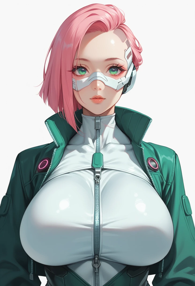 1girl,Cyberpunk Masks / Techwear Masks – Techwear front view, huge breasts,hair cut bob, pink and green colors, solo, simple background, white background, upper body, no humans, glowing, robot, mecha, zipper, science fiction, straight-on