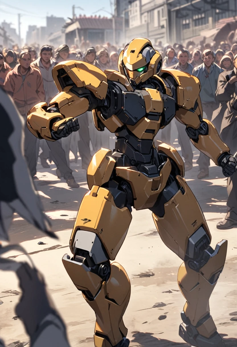  A combat robot stands in a fighting stance, a crowd of people at his feet  