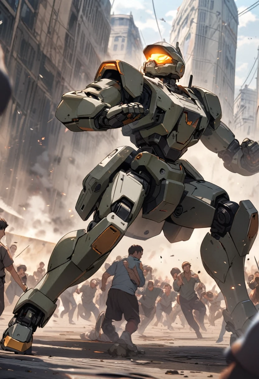  A combat robot stands in a fighting stance, a crowd of people at his feet  