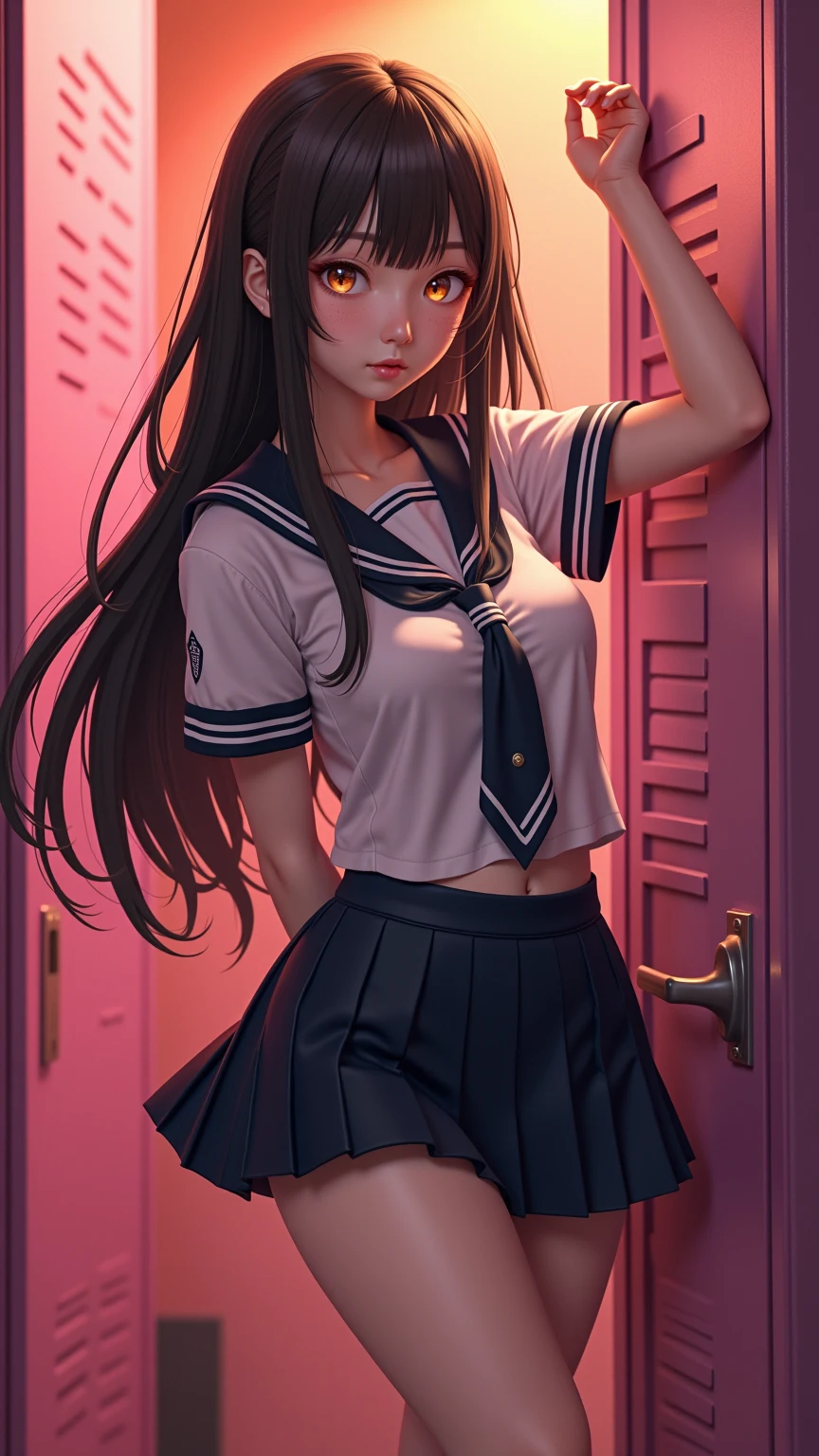 One girl、uniform　sexy　Erotic　Black Hair　mini skirt　Student Uniform　Sailor suit, Excellent anatomy, masterpiece, Highest quality,Realistic, hyperRealistic, 16k hdr,(((skirt lift))),NSFW、Long Hair、Straight Hair、bangs、freckles、Brown Hair、high school girl、White panties、Slender、Slender body、In the locker room, asian high school girl, huge breasts, cleavage, Lewd, horny, sexual gaze, huge breasts, cleavage, edgy graffiti graphic design with a neon pink, orange, and yellow colored palette, sexy pose, big orange eyes, ulzzang, portrait, (anime), manga, (3D), sexy, 8ｋ, Highest quality, masterpiece, Sharp focus, yellow hair, orange eyes, ((from below)), arms behind back, (photorealistic), 