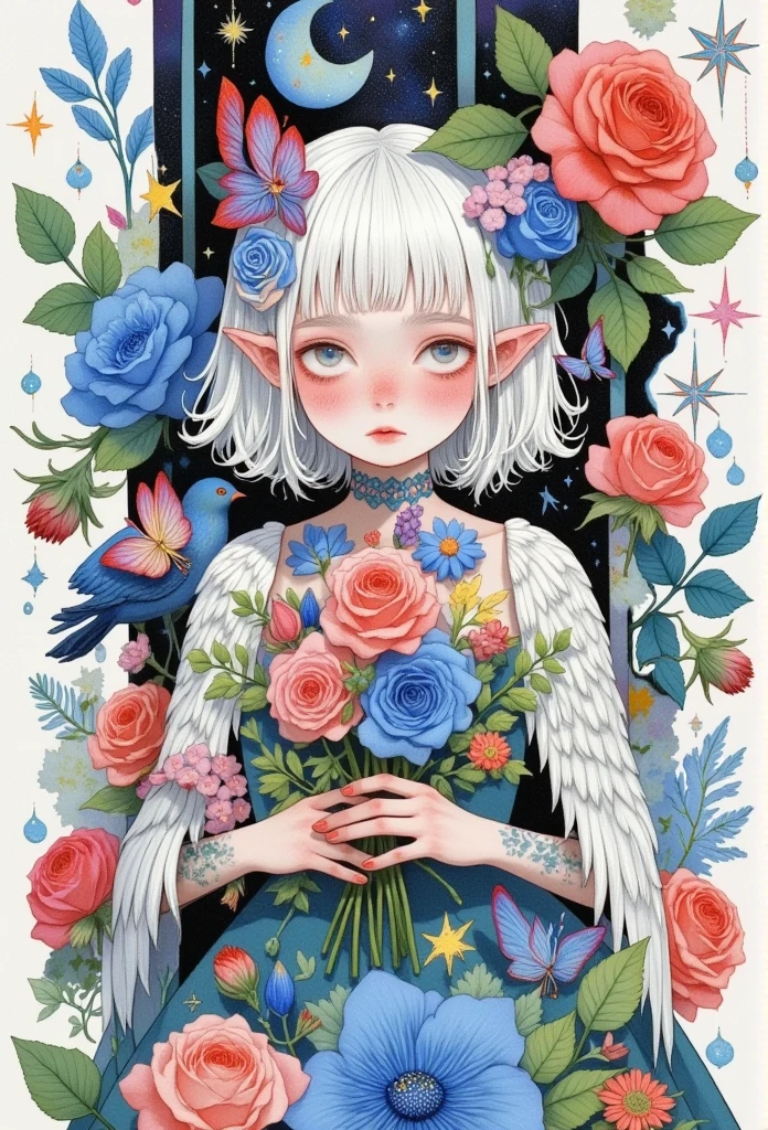 1 Girl,Angel,Angel  Wings , artist name , bangs,blue flower,blue Rose,flower束,茶flower,Shut up,daisy,eyelash,feathered  Wings ,flower卉背景,flower卉印flower,flower,green flower,Hold,Hold flower束,Hold flower,leaf,lily \(flower\), looks at the audience,莲flower,mini  Wings ,orange flower,pink flower,pink Rose,Pointed ears,purple flower,purple Rose,red flower,red Rose,Rose,Rose petals,Rose print,Short hair, alone,spoken Scribbled,Scribbled,Star \(Sky\),Tattoo,thorns, traditional media,tulip, upper body,white flower,White hair,white Rose,white  Wings , Wings ,yellow flower,yellow Rose