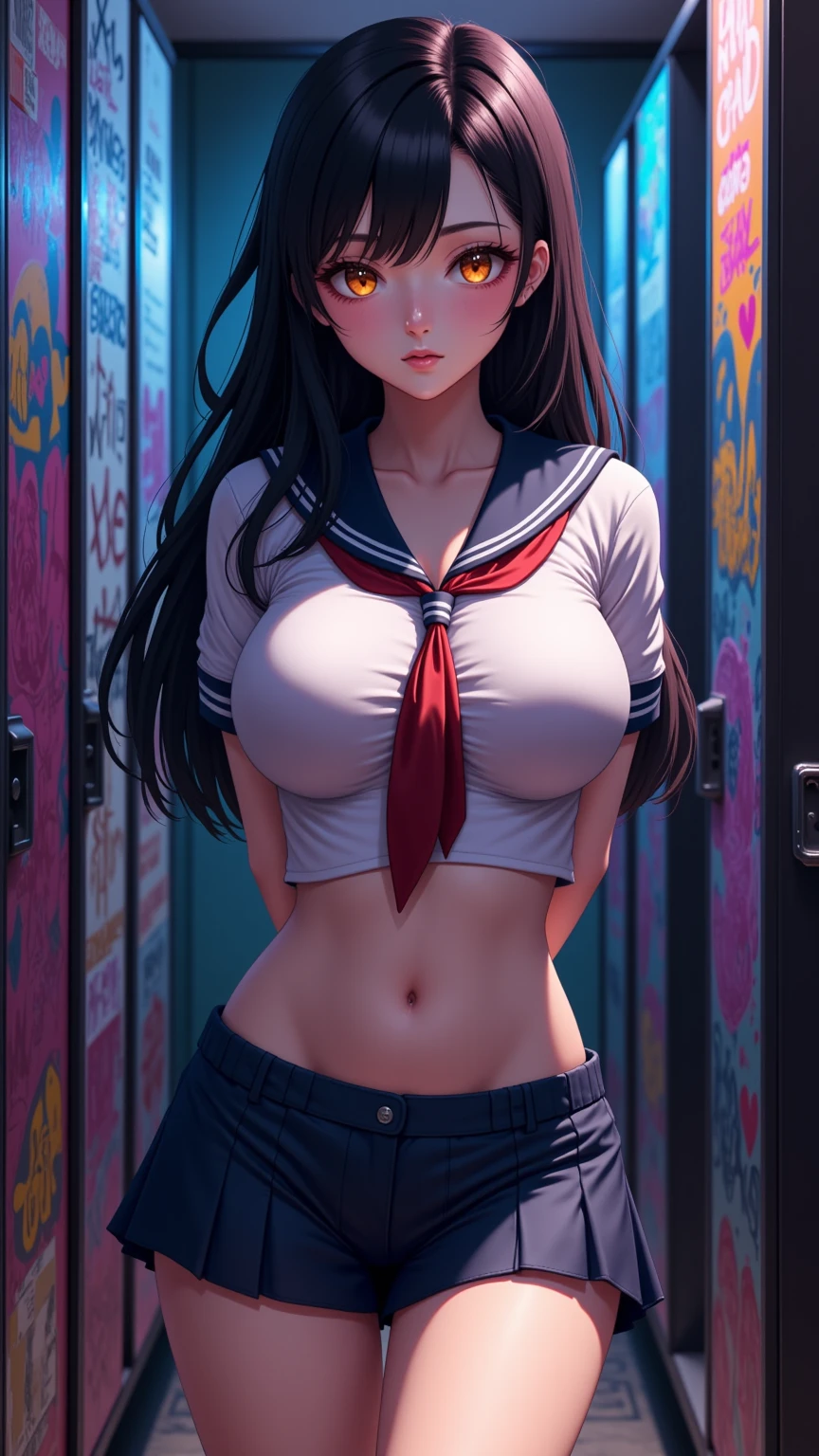 One girl、uniform　sexy　Erotic　Black Hair　mini skirt　Student Uniform　Sailor suit, Excellent anatomy, masterpiece, Highest quality,Realistic, hyperRealistic, 16k hdr,(((skirt lift))),NSFW、Long Hair、Straight Hair、bangs、freckles、Brown Hair、high school girl、White panties、Slender、Slender body、In the locker room, asian high school girl, huge breasts, cleavage, Lewd, horny, sexual gaze, huge breasts, cleavage, edgy graffiti graphic design with a neon pink, orange, and yellow colored palette, sexy pose, big orange eyes, ulzzang, portrait, (anime), manga, (3D), sexy, 8ｋ, Highest quality, masterpiece, Sharp focus, yellow hair, orange eyes, ((from below)), arms behind back, (photorealistic), 