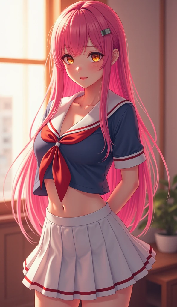 beautiful illustration、qualidade superior、Menina fofa s、quarto、Um cabelo rosa、comprimento do cabelo、(((saia plissada rosa)))、(((Terno de marinheiro cor-de-rosa)))、mangas curtas、Enorme teto、um umbigo、Turn the skirt with your hands、mostrar calcinha branca、Puxe a saia e mostre a calcinha、bare-legged、olhos azuis、nas camas、Coxas encantadoras、coxa brilhante