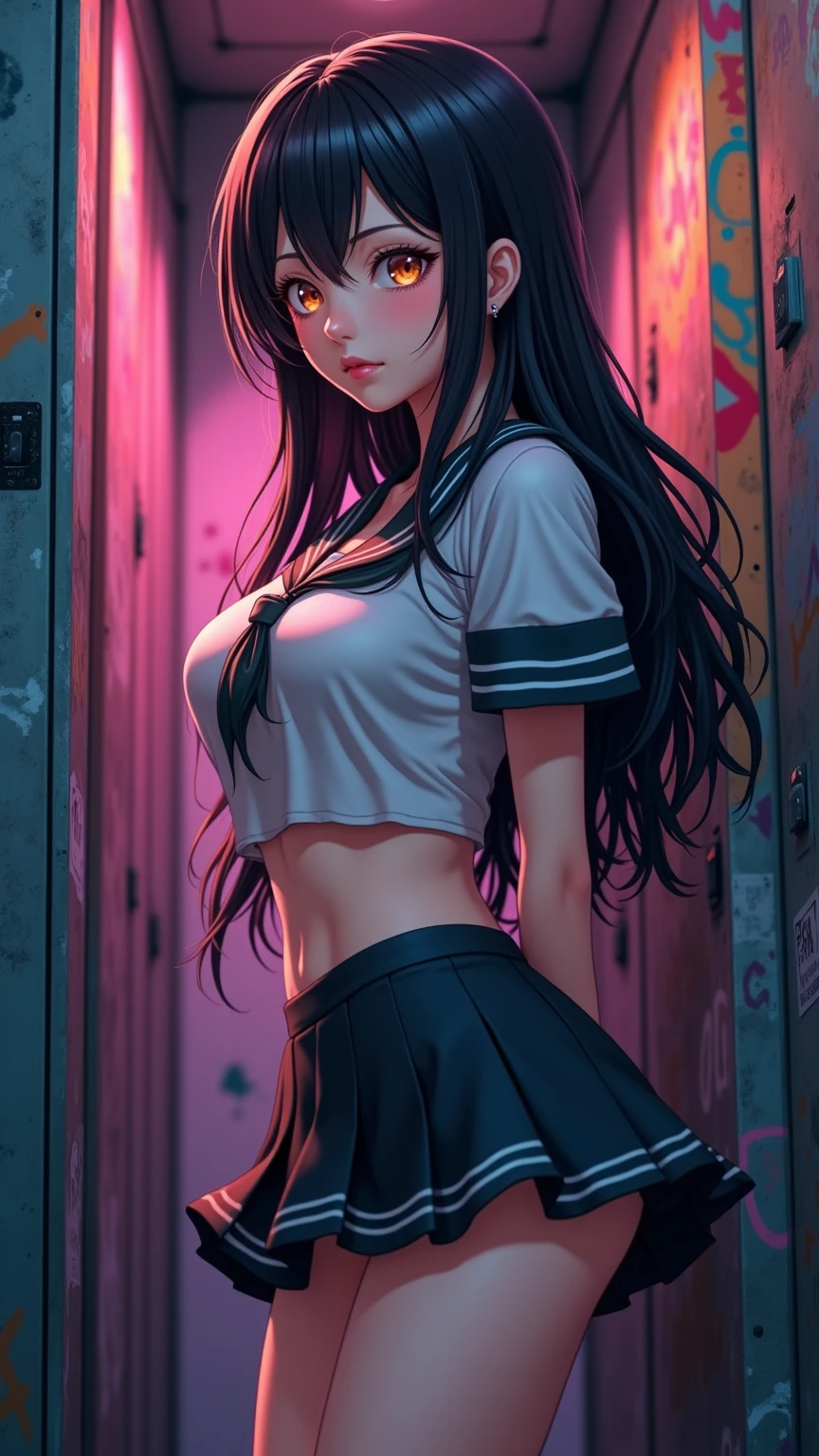 One girl、uniform　sexy　Erotic　Black Hair　mini skirt　Student Uniform　Sailor suit, Excellent anatomy, masterpiece, Highest quality,Realistic, hyperRealistic, 16k hdr,(((skirt lift))),NSFW、Long Hair、Straight Hair、bangs、freckles、Brown Hair、high school girl、White panties、Slender、Slender body、In the locker room, asian high school girl, huge breasts, cleavage, Lewd, horny, sexual gaze, huge breasts, cleavage, edgy graffiti graphic design with a neon pink, orange, and yellow colored palette, sexy pose, big orange eyes, ulzzang, portrait, (anime), manga, (3D), sexy, 8ｋ, Highest quality, masterpiece, Sharp focus, yellow hair, orange eyes, ((from below)), arms behind back, (photorealistic), 