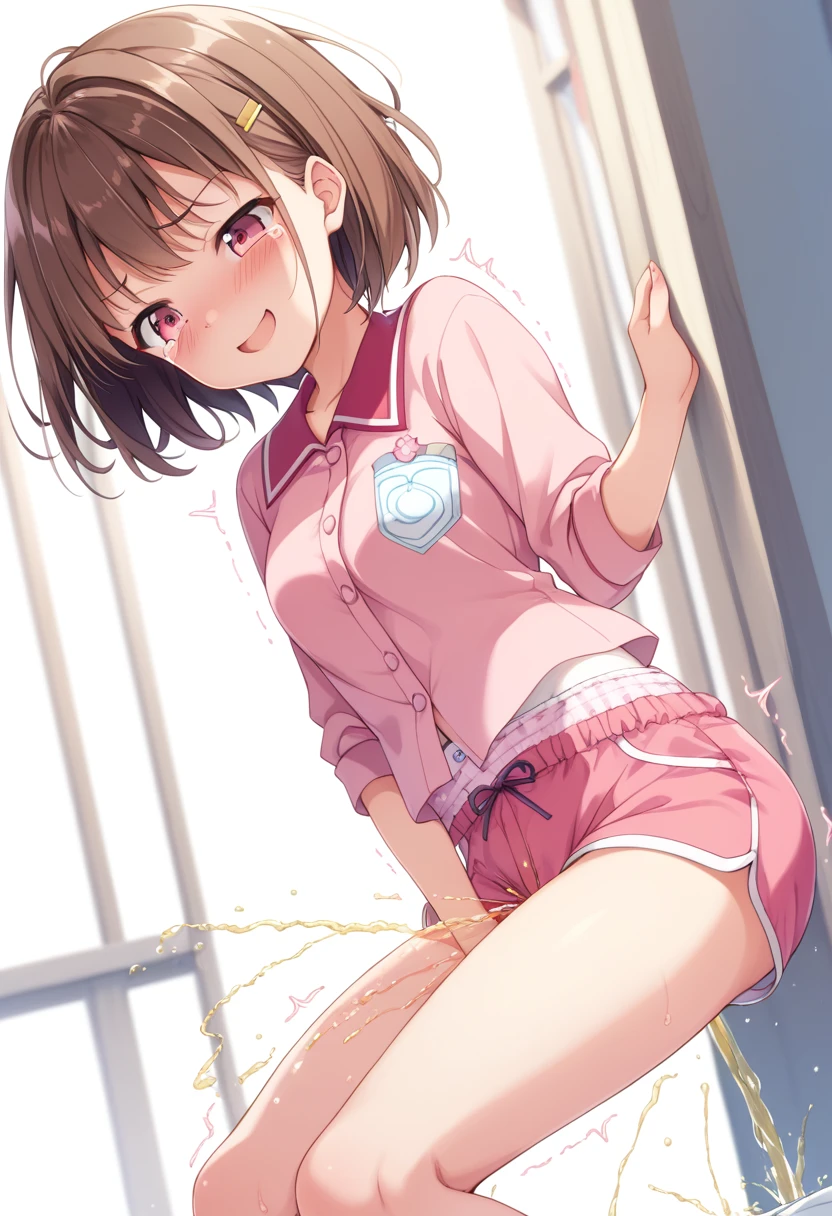 female、High image quality、Brown short hair、shorts、Clothes with buttons、crying 、Downward-slanting eyebrows、smile、blush、pink clothes、(Diapers)、(膨らんだDiapers)、(Pee)、((Peeing))、Trembling