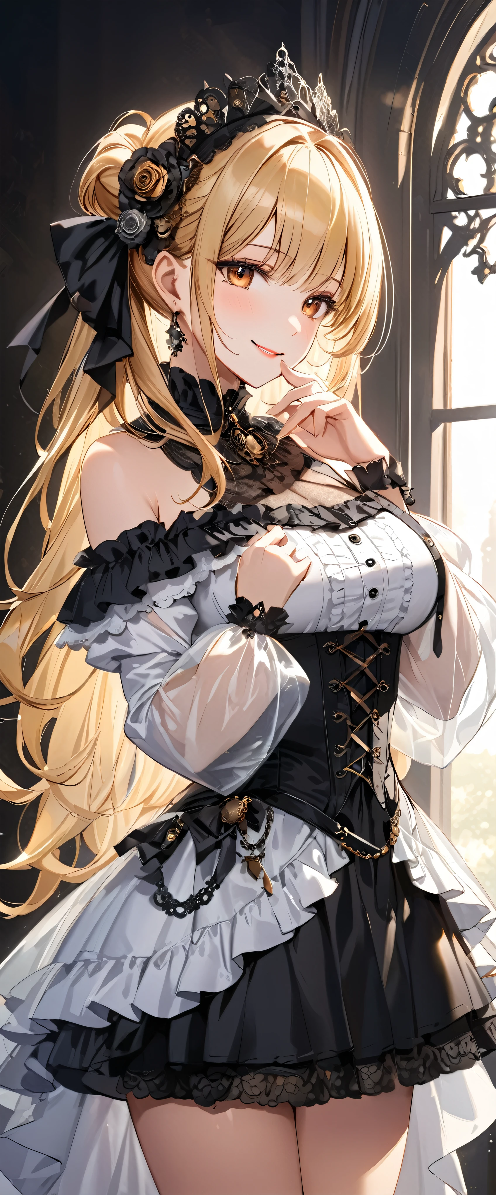 Woman in dress and boots , Baroque Dress, Wearing an elaborate steampunk dress, Elegant Gothic Princess, Victorian Gothic Fashion, historical Baroque Dress dark, Black Gothic Dress, Fantasy style clothing, Rococo Dress, Black Rococo, Fantasy Costume, wearing a Gothic Dress, Romantic Dresses, Gothic Dress,blonde,,(((Upper body portrait)))((Off the shoulder))Big Breasts((White clothing))