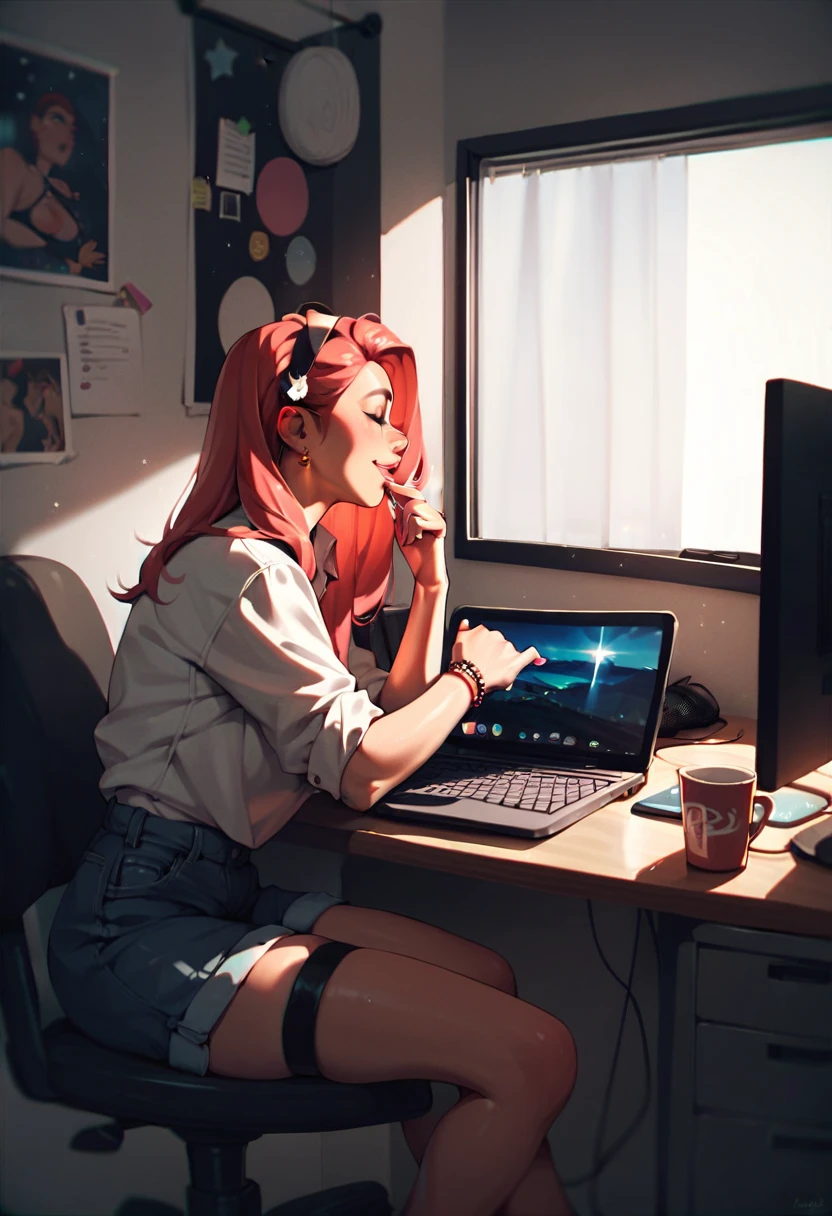 a girl ,  touching the computer, in the dark room, 