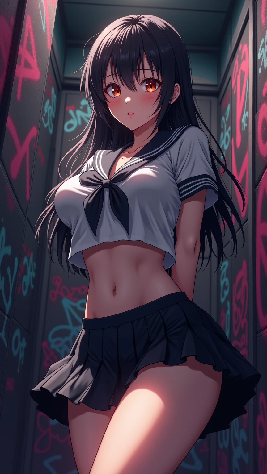 One girl、uniform　sexy　Erotic　Black Hair　mini skirt　Student Uniform　Sailor suit, Excellent anatomy, masterpiece, Highest quality,Realistic, hyperRealistic, 16k hdr,(((skirt lift))),NSFW、Long Hair、Straight Hair、bangs、freckles、Brown Hair、high school girl、White panties、Slender、Slender body、In the locker room, asian high school girl, huge breasts, cleavage, Lewd, horny, sexual gaze, huge breasts, cleavage, edgy graffiti graphic design with a neon pink, orange, and yellow colored palette, sexy pose, big orange eyes, ulzzang, portrait, (anime), manga, (3D), sexy, 8ｋ, Highest quality, masterpiece, Sharp focus, yellow hair, orange eyes, ((from below)), arms behind back, (photorealistic), 