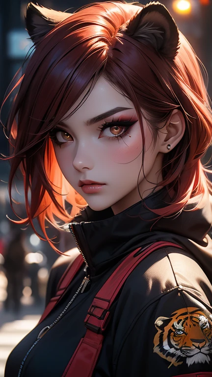  beautiful girls,   Half Body Portrait Wearing Tiger Mask  , Short bright red disheveled hair ,  black eyeshadow , ( street style clothing :1.2), (City Background:1.2), dark makeup,  Digital Art ,  trending on Artstation , highly   Details,  Sex, Complex,  beautiful   Details glow,   Details, Cinematic Light,  Hi-Res,   Details facial features, sharp concentration, smooth, Midea,