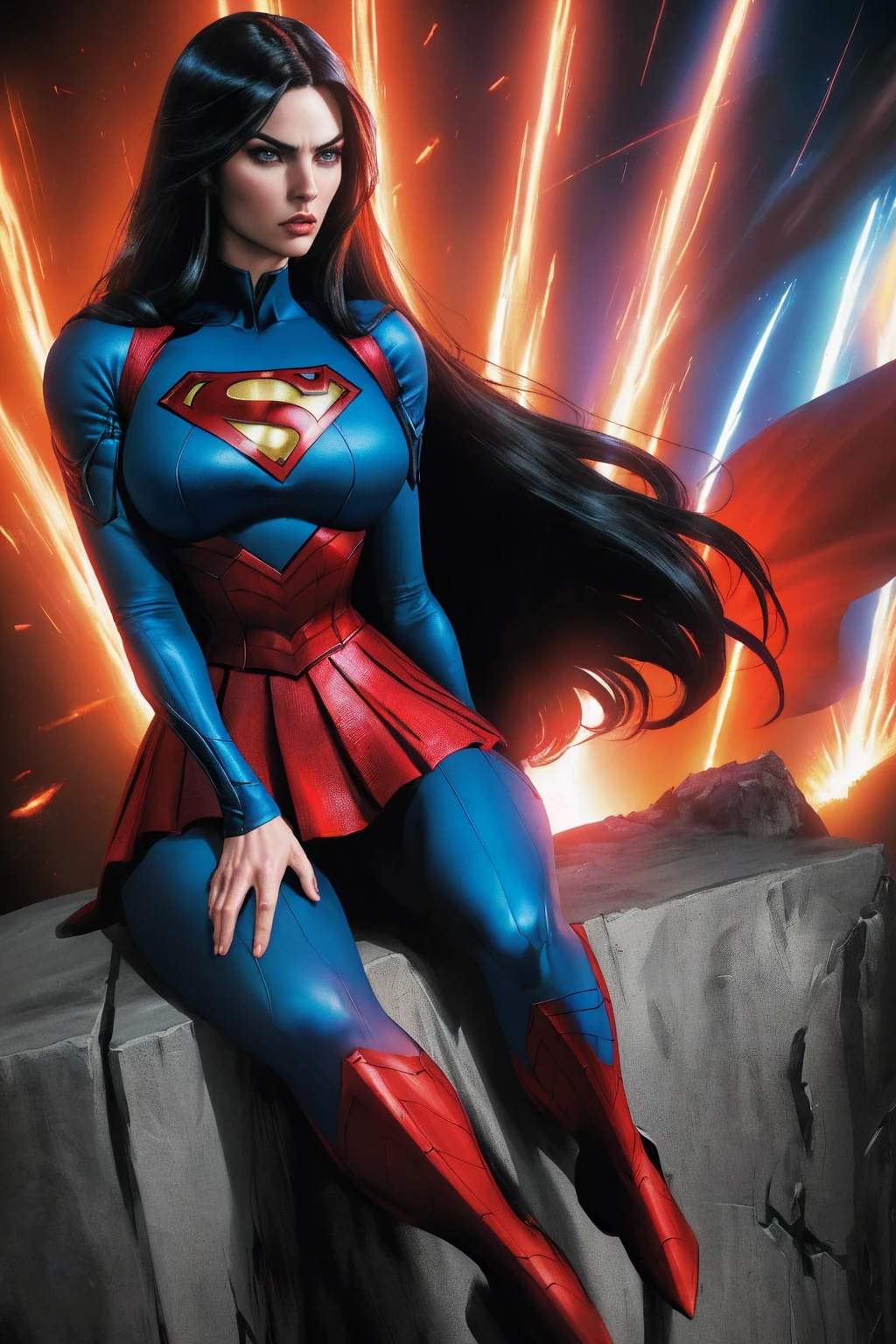 A woman with long black hair and blue eyes, wearing a red and blue superhero costume, powerful superhero pose, dynamic action scene, (best quality,4k,8k,highres,masterpiece:1.2),ultra-detailed,(comics,photocomic,photo-comic:1.37),cinematic lighting,dramatic atmosphere,vivid colors,epic fantasy, sitting