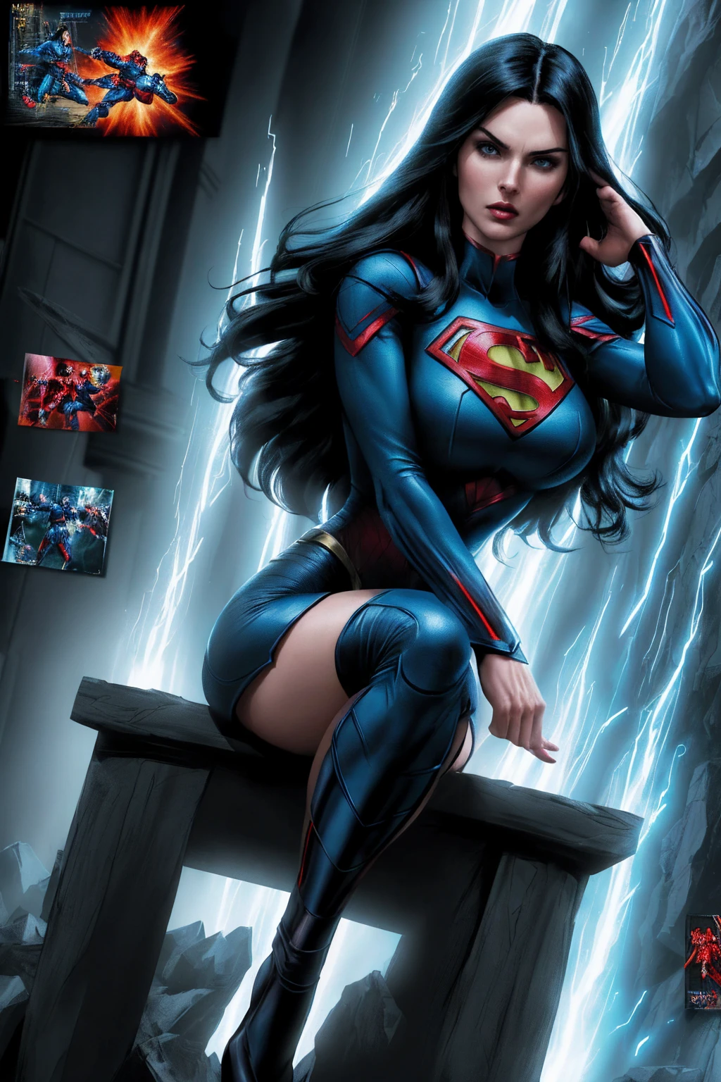 A woman with long black hair and blue eyes, wearing a red and blue superhero costume, powerful superhero pose, dynamic action scene, (best quality,4k,8k,highres,masterpiece:1.2),ultra-detailed,(comics,photocomic,photo-comic:1.37),cinematic lighting,dramatic atmosphere,vivid colors,epic fantasy, sitting