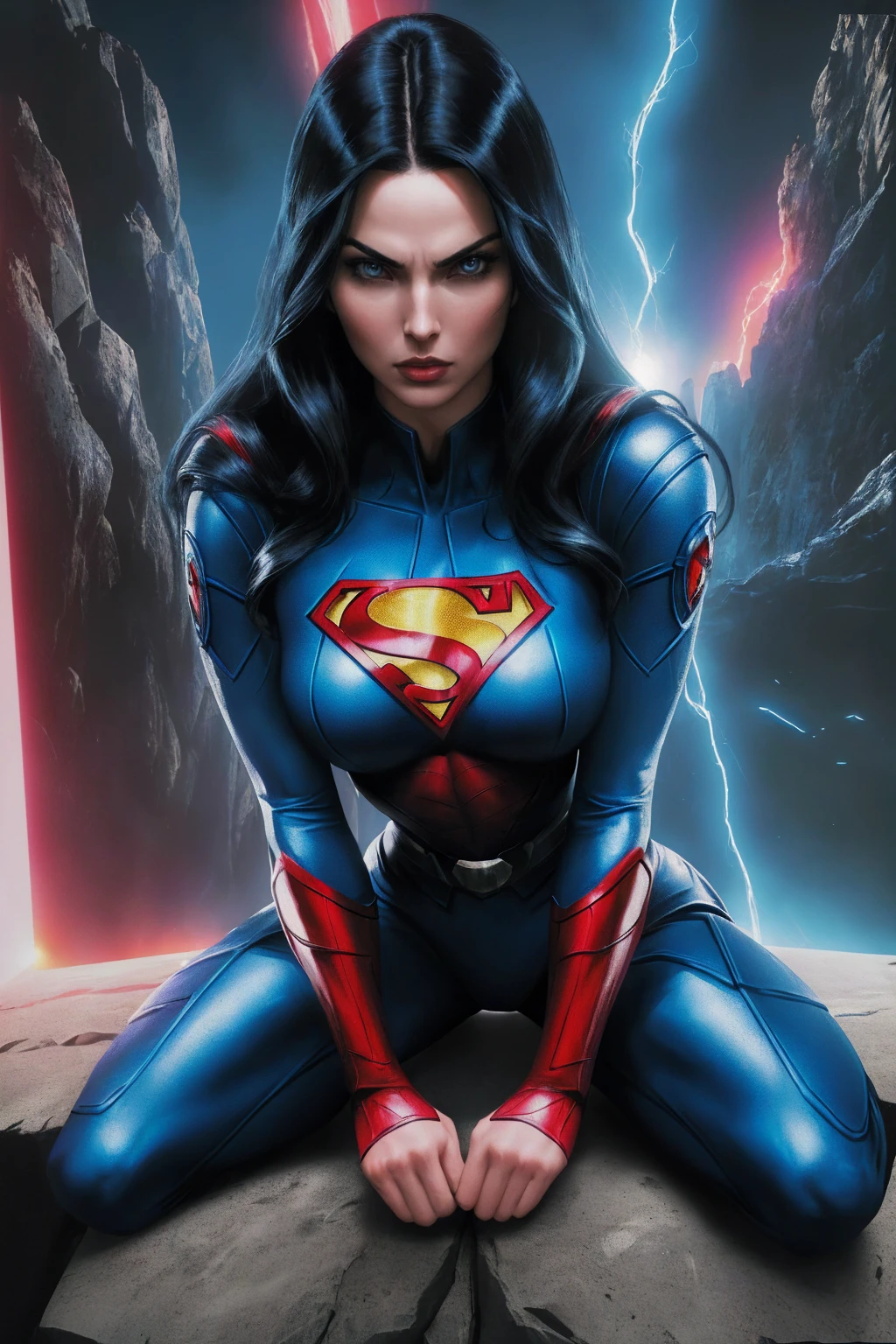 A woman with long black hair and blue eyes, wearing a red and blue superhero costume, powerful superhero pose, dynamic action scene, (best quality,4k,8k,highres,masterpiece:1.2),ultra-detailed,(comics,photocomic,photo-comic:1.37),cinematic lighting,dramatic atmosphere,vivid colors,epic fantasy, sitting