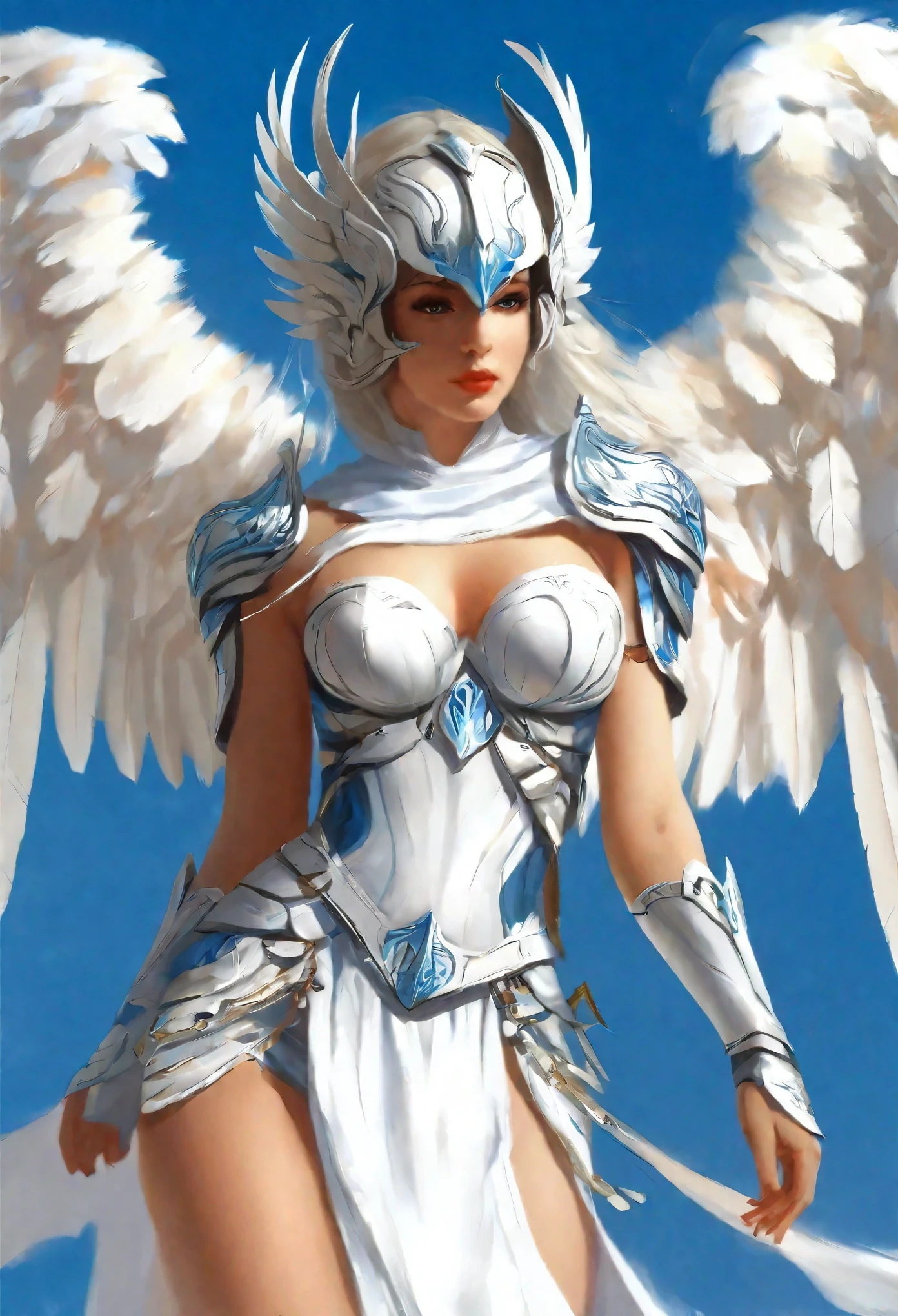 1 female angel，White cape showing at waist_wings armor feathers_Long wing feathers_Hair Shoulders Armor Shoulders_Single piece of armor_Upper wing separation_The body is white_Theme blue_wings wings leg armor