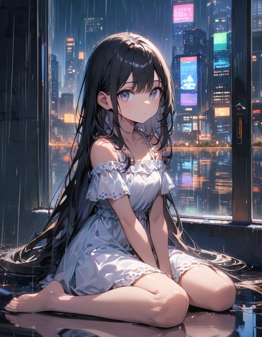 (masterpiece),(best quality),illustration,ultra detailed,hdr,Depth of field,(colorful),loli,1girl,long hair,solo,dress,very long hair,black hair,rain,sitting,reflection,white dress,cityscape,off shoulder,skyscraper,window,city,building,indoors,looking at viewer,bare shoulders,city lights,short sleeves,barefoot,reflective floor,off-shoulder dress,wariza,night,hand between legs,TrNyteal