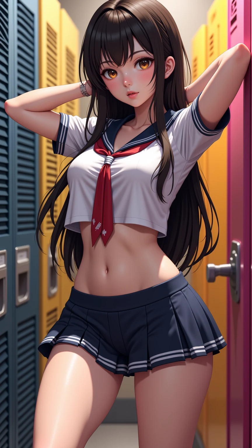 One girl、uniform　sexy　Erotic　Black Hair　mini skirt　Student Uniform　Sailor suit, Excellent anatomy, masterpiece, Highest quality,Realistic, hyperRealistic, 16k hdr,(((skirt lift))),NSFW、Long Hair、Straight Hair、bangs、freckles、Brown Hair、high school girl、White panties、Slender、Slender body、In the locker room, asian high school girl, huge breasts, cleavage, Lewd, horny, sexual gaze, huge breasts, cleavage, edgy graffiti graphic design with a neon pink, orange, and yellow colored palette, sexy pose, big orange eyes, ulzzang, portrait, (anime), manga, (3D), sexy, 8ｋ, Highest quality, masterpiece, Sharp focus, yellow hair, orange eyes, ((from below)), arms behind back, (photorealistic), 