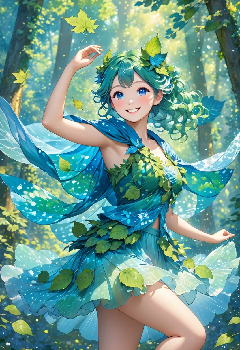 forestの中の光， Fantasy, 1forest_ Fairy_  girl, (Using_leaf_Clothes, 薄いBlue-green色_leaf_  covered  ), dynamic_Pose_dance,  happy _smile, curl_hair,  bright  _skin,  particle_Surrounding Area_body, ( plump_body)++,(forest, tree々_background, leaf_translucent)+++, Blue-green_leaf_Cape