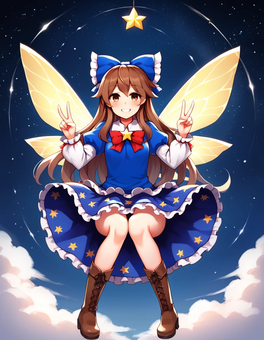 score_9, source_anime, rating_explicit BREAK 1girl, touhou, star sapphire,long hair, fairy wings, brown eyes, brown hair,  hair bow,
blue dress, juliet sleeves, brown boots, ribbon, (star-printed skirt, starry skirt:1.2), star \(symbol\),
double v,
cloud, starry night sky, fliying, smile, 