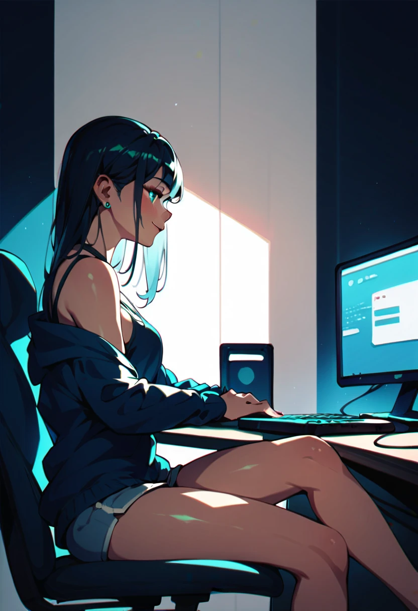 a girl ,  touching the computer, in the dark room, 