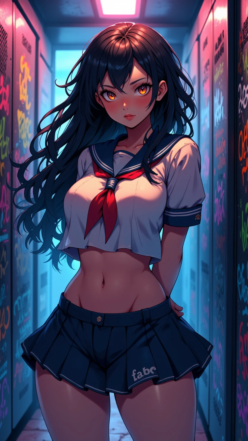 One girl、uniform　sexy　Erotic　Black Hair　mini skirt　Student Uniform　Sailor suit, Excellent anatomy, masterpiece, Highest quality,Realistic, hyperRealistic, 16k hdr,(((skirt lift))),NSFW、Long Hair、Straight Hair、bangs、freckles、Brown Hair、high school girl、White panties、Slender、Slender body、In the locker room, asian high school girl, huge breasts, cleavage, Lewd, horny, sexual gaze, huge breasts, cleavage, edgy graffiti graphic design with a neon pink, orange, and yellow colored palette, sexy pose, big orange eyes, ulzzang, portrait, (anime), manga, (3D), sexy, 8ｋ, Highest quality, masterpiece, Sharp focus, yellow hair, orange eyes, ((from below)), arms behind back, (photorealistic), 