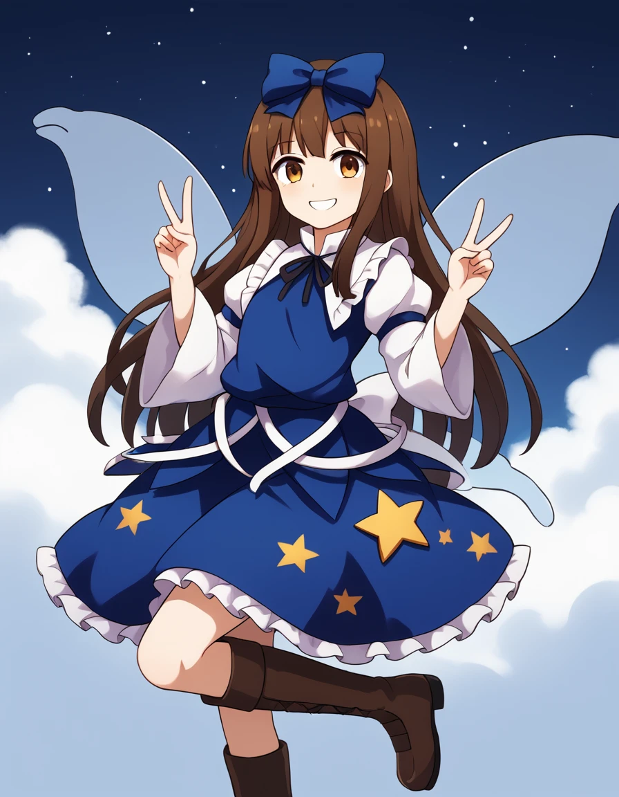 score_9, source_anime, rating_explicit BREAK 1girl, touhou, star sapphire,long hair, fairy wings, brown eyes, brown hair,  hair bow,
blue dress, juliet sleeves, brown boots, ribbon, (star-printed skirt, starry skirt:1.2), star \(symbol\),
double v,
cloud, starry night sky, fliying, smile,