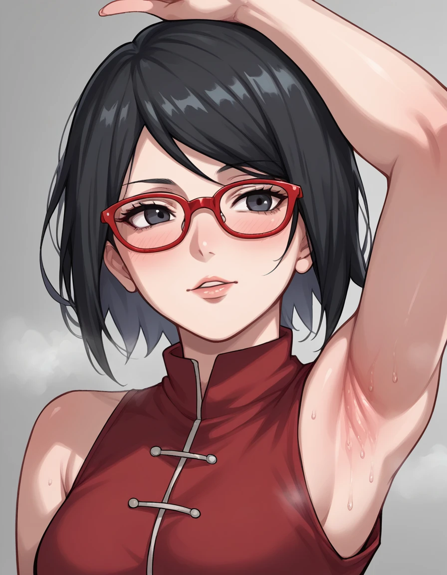 boruto,(sarada uchiha, short hair, black hair, black eyes, red-framed eyewear, glasses, swept bangs:1.1)(Armpit,脇の皺:1.3)，(steam，steamimg:1.1)，  red dress , is embarrassing