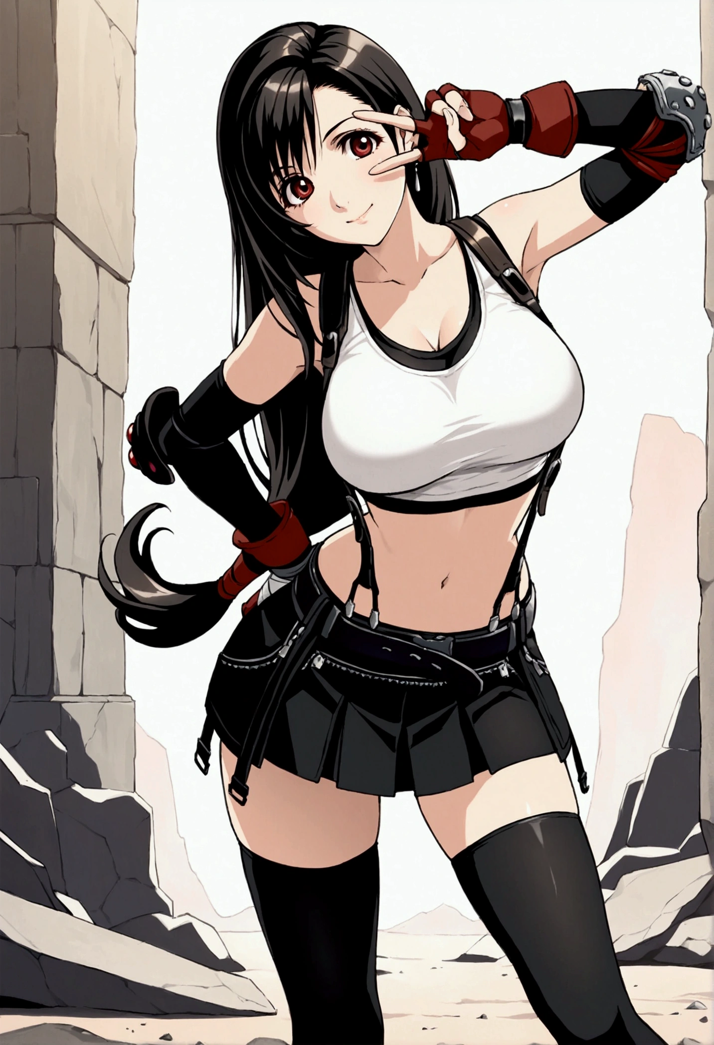 , (Masterpiece),(Best Quality),((ameizing quality:1.2)),,official style,{tifa_lockhart,FF7},BREAK  1girl, Tifa Lockhart, Final Fantasy,(beautiful). Black Hair, Long hair tied low, Red eyes, bangs, White tank top, belt, Pleated Skirt , Thigh length, Elbow fingerless gloves, Elbow pads, (abdomen,navel:0.9)  suspender skirt.zettai ryouiki,,(large_chest:1.2), (tareme:1.2),,BREAK  ,standing,hand on own hip,contrapposto,v over eye,leaning forward