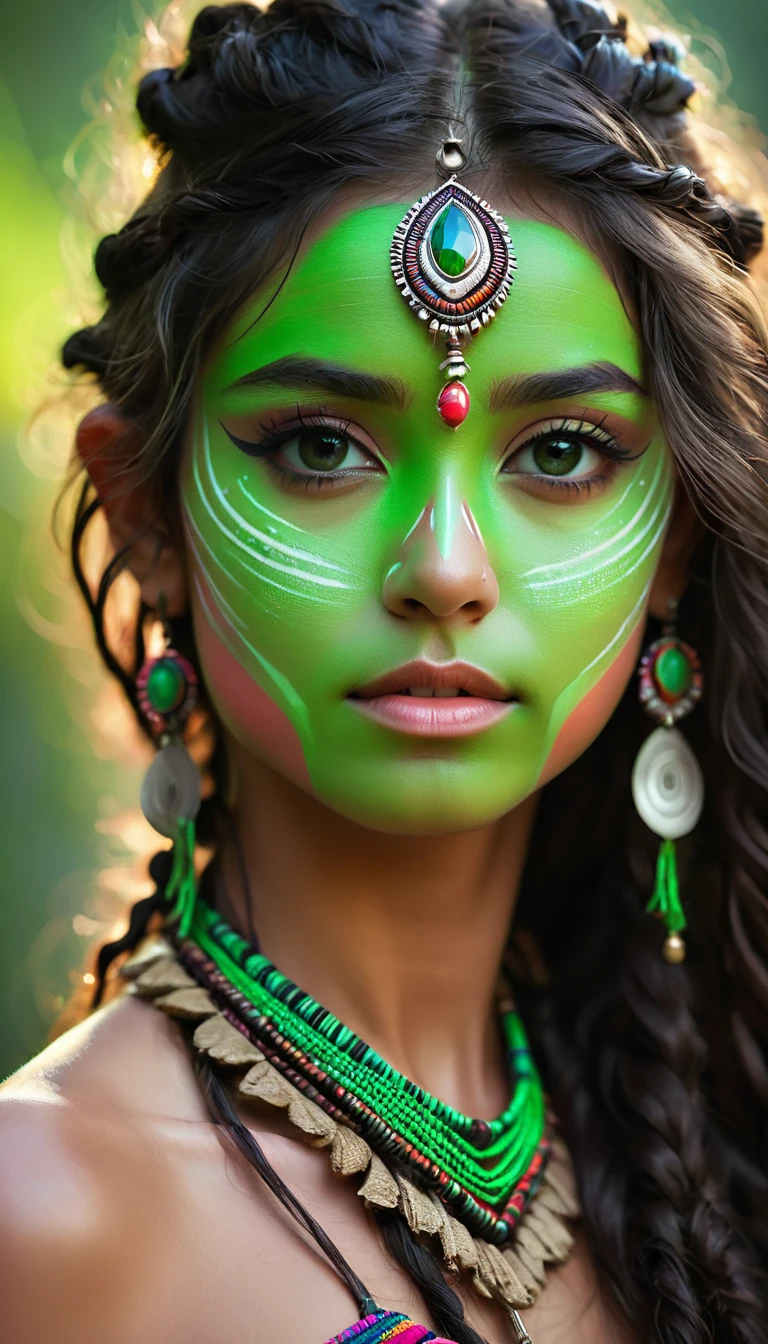 avatar style, (face portrait:1.6), 1girl, female, glowing blue eyes, pointy ears, (green skin tone:1.0), (curly hair:1.0), black hair color, ((long hair)), (young adult), 18 years old, face wrinkles, wearing colorful tribal clothing, (wearing tribal acessories), detailed eyes, toned body, muscled body, vibrant colors, glowing, ethereal atmosphere, surrealistic dreamy lighting, textured skin, otherworldly beauty, mesmerizing photography, (best quality, highres), vivid colors, ultrarealistic, skin details, striped skin, sfw, face close-up:0.5, ultradetailed body, ((green skin)) skswomen , anupama 