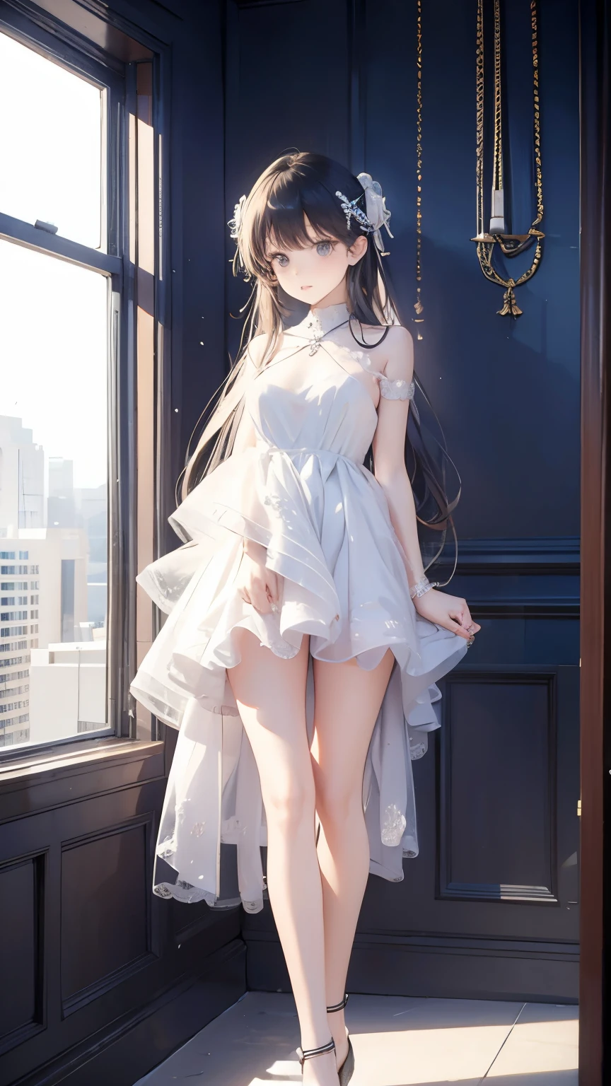 very cute female child,10 yo, white hair, bangs,medium hair,blue eyes, flat chest,standing,
frills swimsuit,fitting room,
solo,1girl,
BREAK
(masterpiece, best quality,ultra-detailed:1.2)