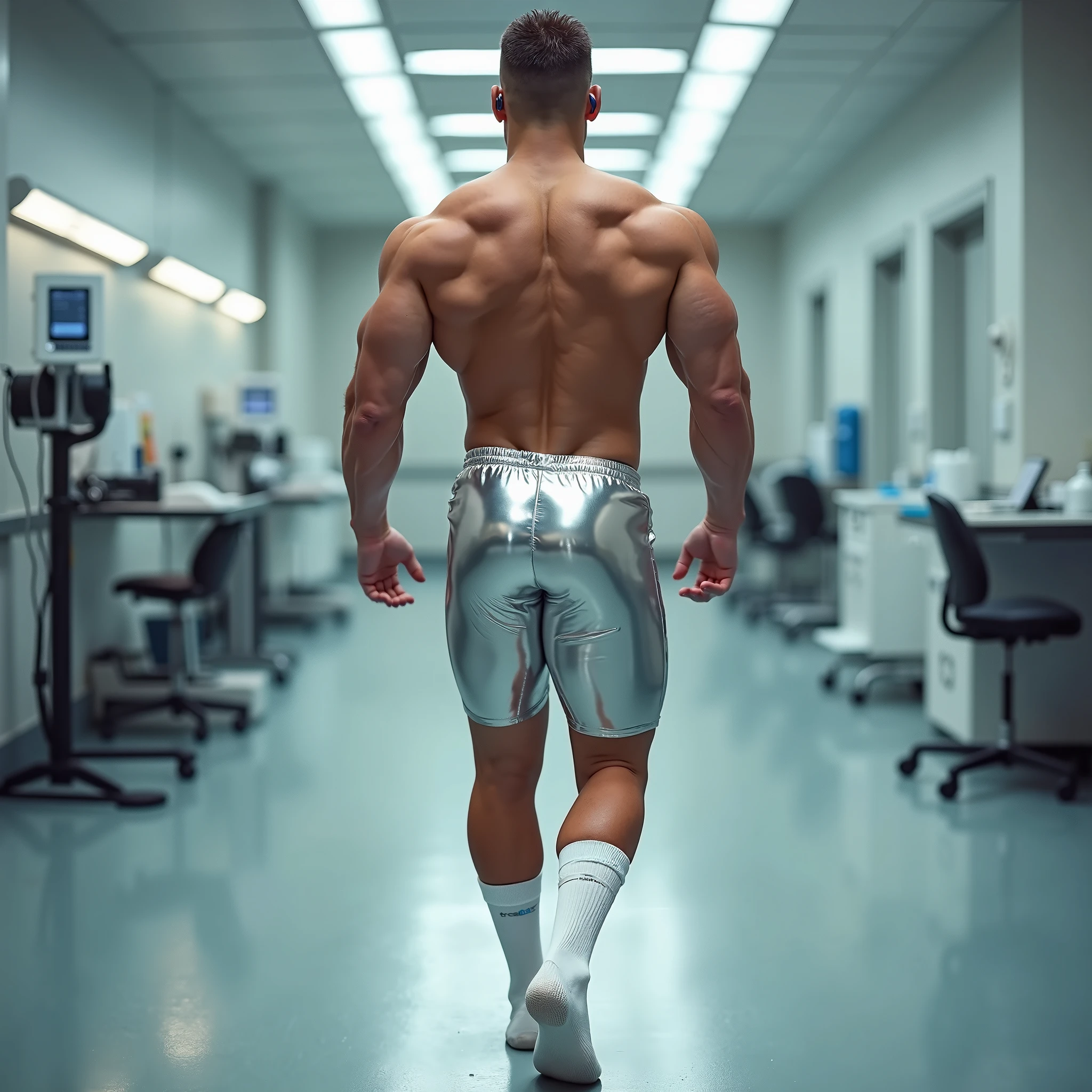 full view full body, one handsome over-muscular white young bodybuilded male with hyper-stylished undercut light-brown short haircut, with over-inflated and over-bloated shoulders, double-biceps, monstruous pecs and abs, wearing silver shiny latex short jumpsuit and huge hi-top hype-futuristic adidas chunky sneakers with white oversized hyper-large fashion white socks, silver necklaces, rings and bracelets, standing looking desperate in a small shiny padded cell room