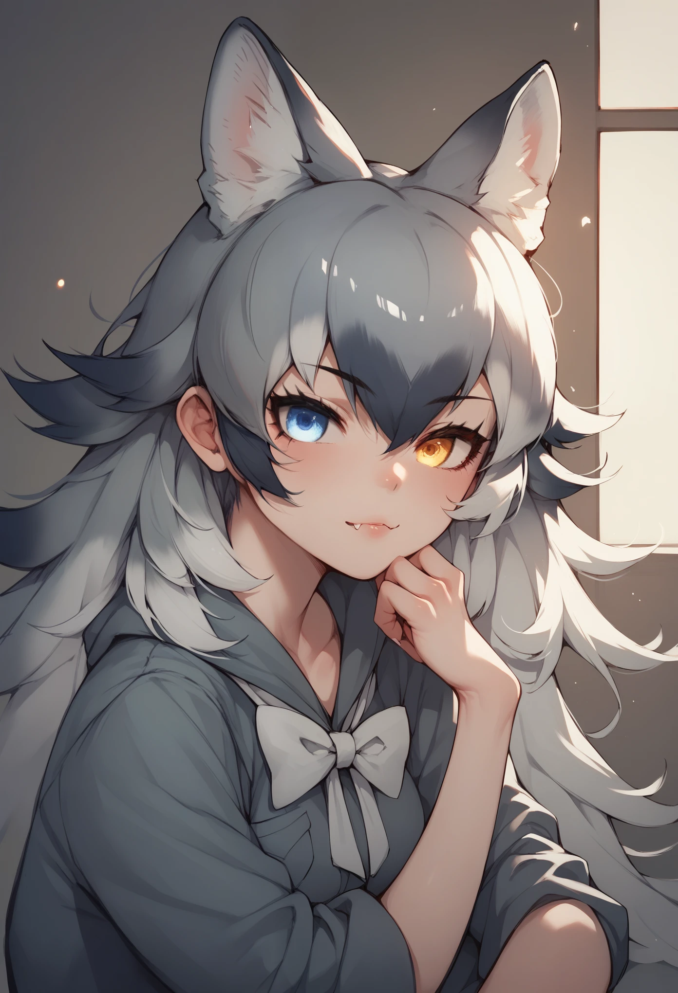 Score_9, Score_8_up, Score_7_up, Score_6_up, Score_5_up, Score_4_up, source_anime, 1girl, nsfw, grey wolf \(kemono friends\), heterochromia