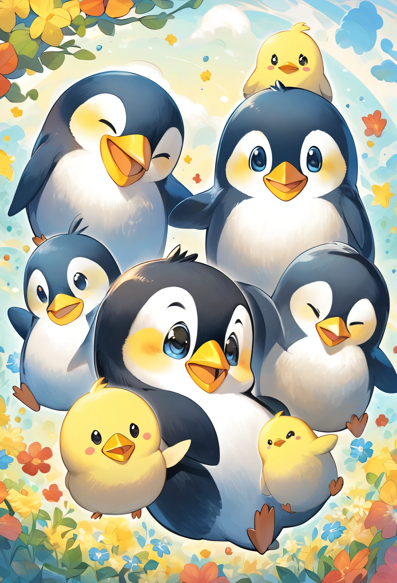  Thin and Soft Painting Style、 Mascot Characters 、Chick penguin 、 a creature that combines chicks and penguins