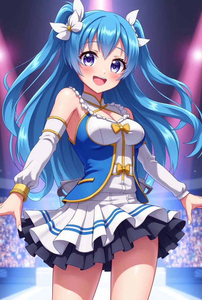 Light blue long hair、Beautiful girl with twin tails、Showing off a beautiful ring、Great smile、Bright smile、Blue half dress、Showing off a shining ring、Seven-colored confetti is dancing