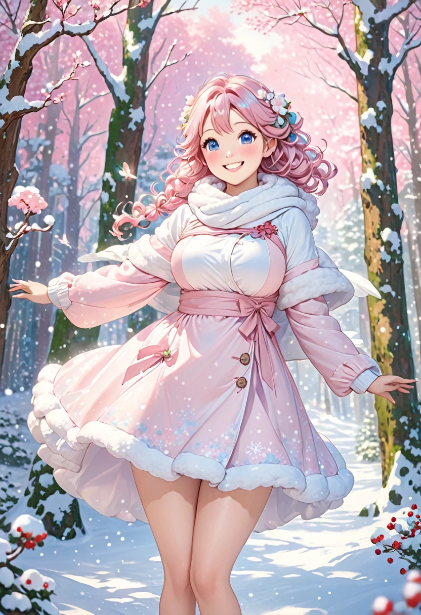 forestの中の光， Fantasy, 1forest_ Fairy_  girl, (Using_snow_Clothes, Light pink_snow_  covered  ), dynamic_Pose_cute,  happy _smile, curl_hair,  bright  _skin,  snow片_Surrounding Area_body, ( plump_body)++,(forest, tree々_background, snow_translucent)+++, Light pink_snow_Cape