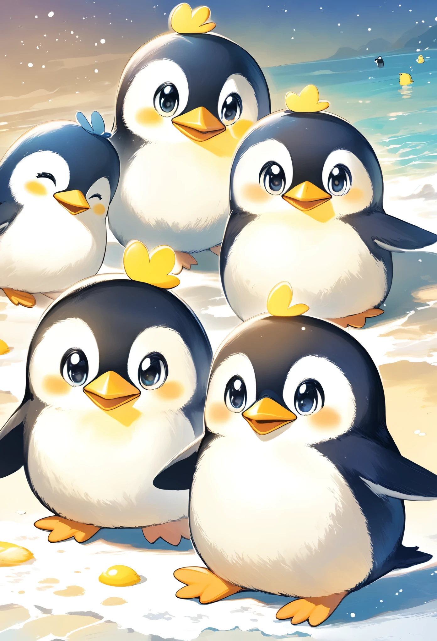  Thin and Soft Painting Style、 Mascot Characters 、Chick penguin 、 a creature that combines chicks and penguins