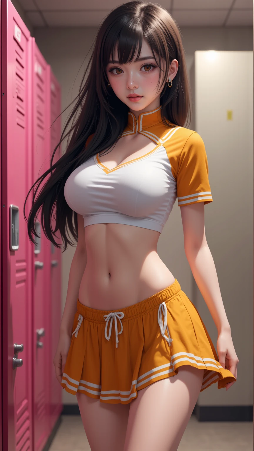 One girl、uniform　sexy　Erotic　Black Hair　mini skirt　Student Uniform　Sailor suit, Excellent anatomy, masterpiece, Highest quality,Realistic, hyperRealistic, 16k hdr,(((skirt lift))),NSFW、Long Hair、Straight Hair、bangs、freckles、Brown Hair、high school girl、White panties、Slender、Slender body、In the locker room, asian high school girl, huge breasts, cleavage, Lewd, horny, sexual gaze, huge breasts, cleavage, edgy graffiti graphic design with a neon pink, orange, and yellow colored palette, sexy pose, big orange eyes, ulzzang, portrait, (anime), manga, (3D), sexy, 8ｋ, Highest quality, masterpiece, Sharp focus, yellow hair, orange eyes, ((from below)), arms behind back, (photorealistic), 