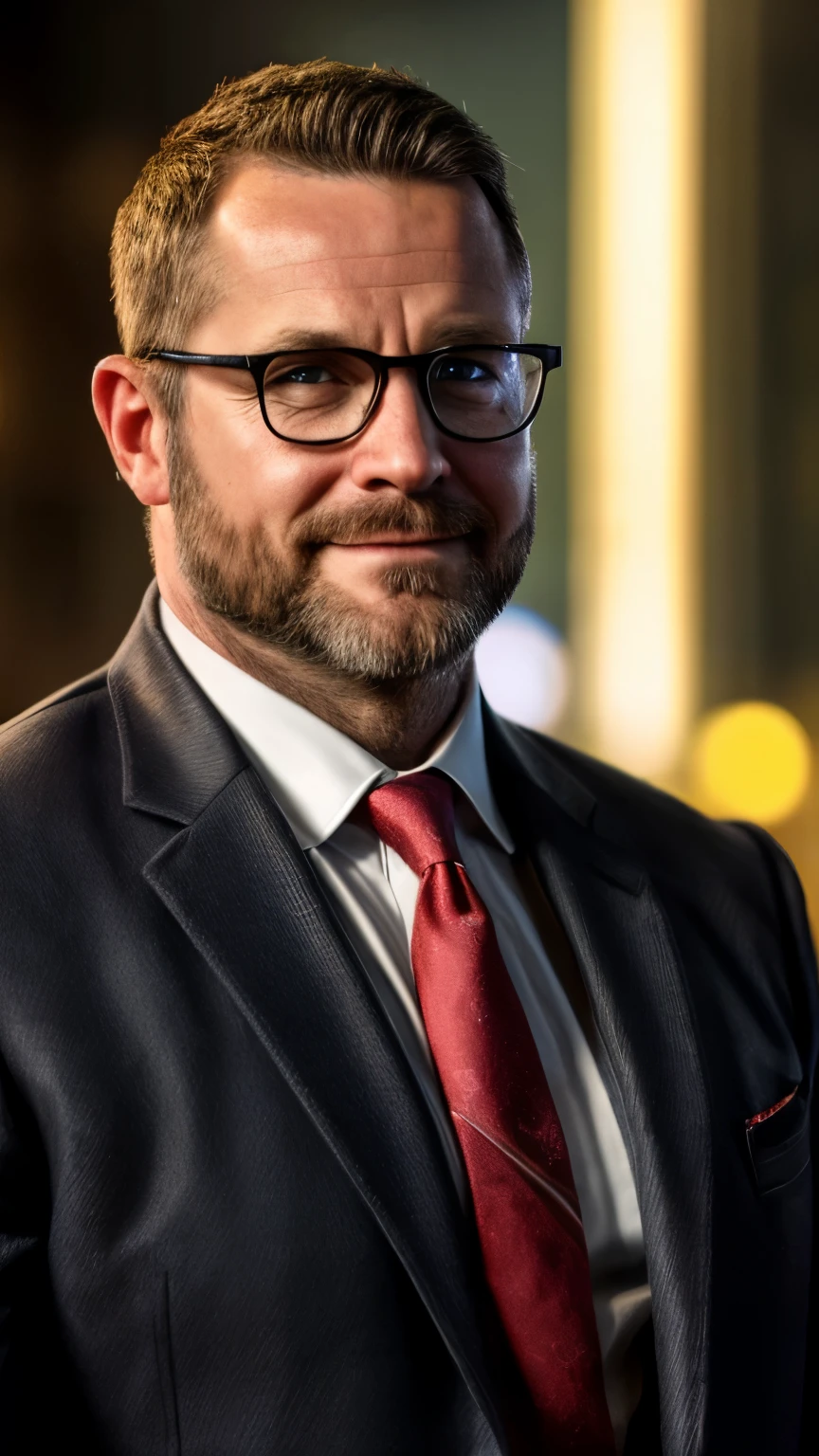 An award-winning original photo，A wild muscular man, (40 years old daddy:1.1), 1boy, Solo, (black suit), (white dress shirt), (red print necktie), black trouser, (big shoulders), musculature, stubbles, Short beard, (Detailed body), wearing glasses, slight smirk, Dynamic Angle, volumetric lighting, (Best quality, A high resolution, Photorealistic), Cinematic lighting, Masterpiece, RAW photo, Intricate details, hdr, depth of field, upper body shot, (realistic:1.2)