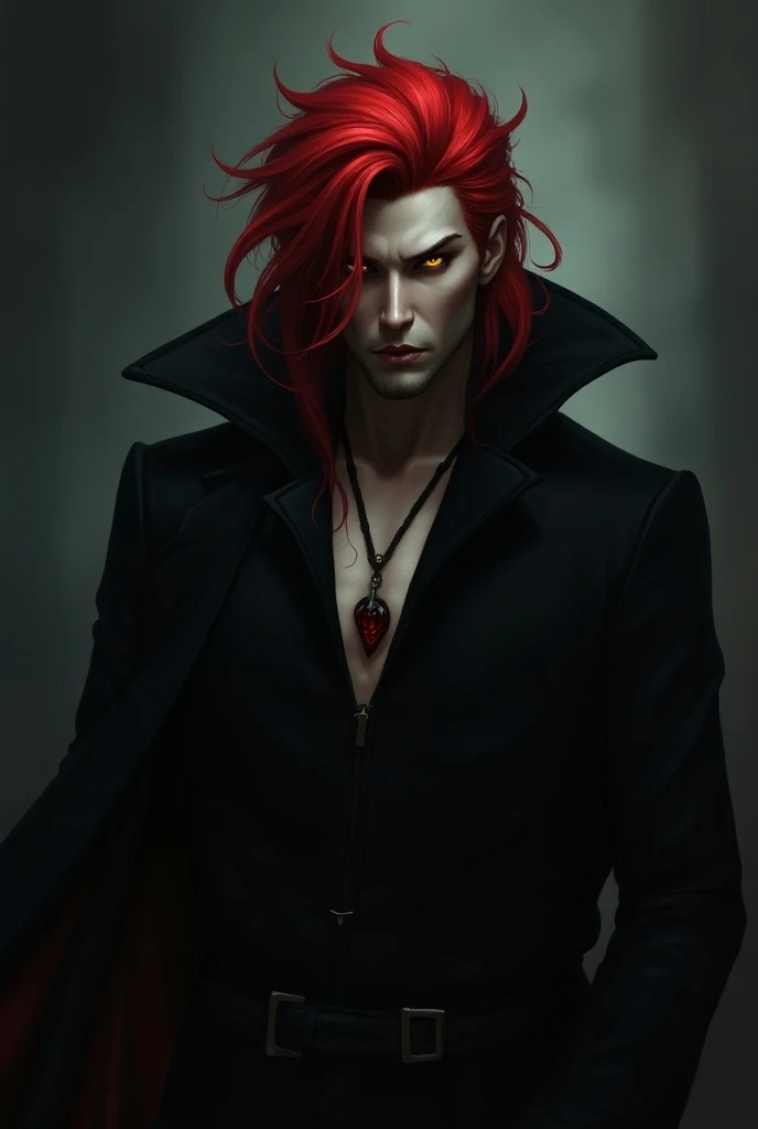A super realistic and highly detailed depiction of a seventeen years old tall vampire with vibrant red hair, adorned in a sleek black attire, showcasing an intense and sinister expression, situated in the midst of a dimly lit forest.
