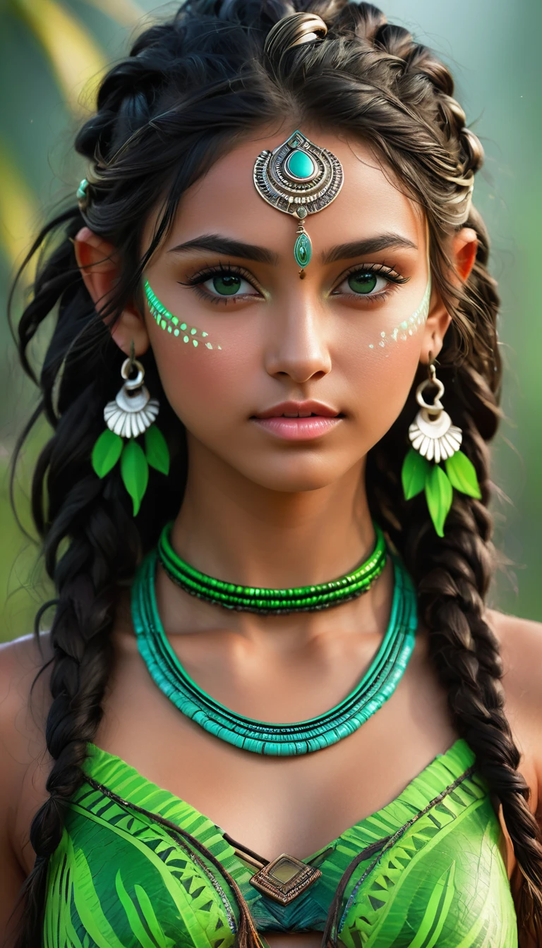 avatar style, (face portrait:1.6), 1girl, female, glowing blue eyes, pointy ears, (green skin tone:1.0), (curly hair:1.0), black hair color, ((long hair)), (young adult), 18 years old, face wrinkles, wearing colorful tribal clothing, (wearing tribal acessories), detailed eyes, toned body, muscled body, vibrant colors, glowing, ethereal atmosphere, surrealistic dreamy lighting, textured skin, otherworldly beauty, mesmerizing photography, (best quality, highres), vivid colors, ultrarealistic, skin details, striped skin, sfw, face close-up:0.5, ultradetailed body, ((green skin)) skswomen , anupama 