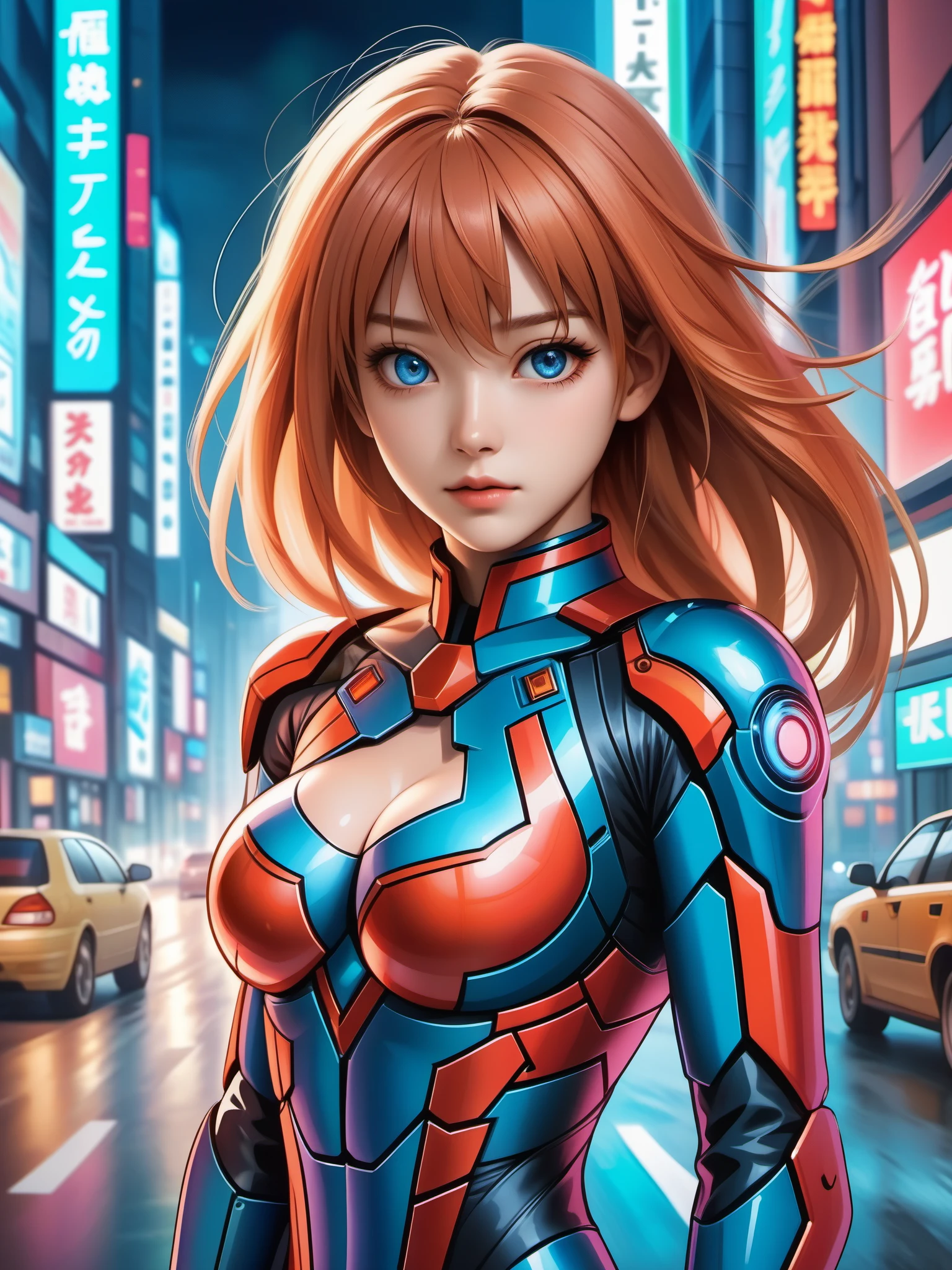 asuka langley sohryu, colorful neon lights, sharp focus, best quality, 4k, highres, (photorealistic:1.37), detailed realistic facial features, fiery red hair, intense blue eyes, determined expression, red pilot uniform, futuristic cityscape background, vibrant colors, (hyperrealistic), (illustration), (high resolution), (8K), (extremely detailed), (best illustration), (beautiful detailed eyes), (best quality), (ultra-detailed), (masterpiece), (wallpaper), (anatomically correct), (solo), (1 girl), (high detailed realistic hair), (heterochromic eyes), (detailed eyes), (sparkling eyes), (realistic big breasts:1.5), (exposed nipples breasts:1.35), (long legs), (slender abs), (dynamic pose), (closed tiny mouth:1.3), (nsfw), (concentrated expression)