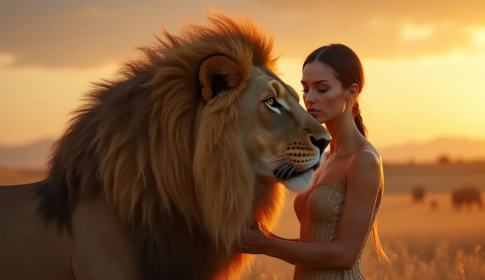photorealism:1.2) lion eating, a woman caresses him