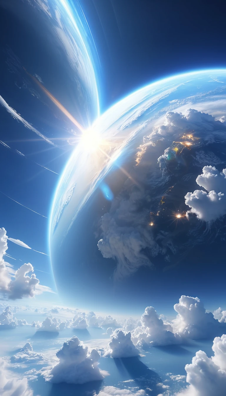 (   Extremely Detailed CG Integrated 8K Wallpaper) (top-quality),       People are not drawn。 planet with the planet at the center。 Sun shining  。   intense streaks of light radiate and   。 Composition of looking at the 。   blends into the deep blue sky   。Light illuminates clouds   。Create soft shadows。Sunlight is mysterious   。   there is a big fluffy white cloud in the air 。 

