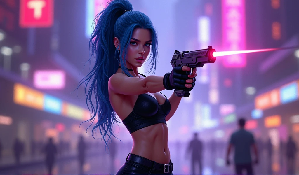 CYBERPUNK,EDGERUNNERS,blue hair,asian woman holding a gun in a city with a skyscraper in the background, trinity from the matrix, trinity the matrix, in the new matrix movie, dramatic wielding gun pose, neo from the matrix, from matrix(1999), from matrix ( 1 9 9 9 ), matrix), matrix ), agents from the matrix movie, matrix movie color grading