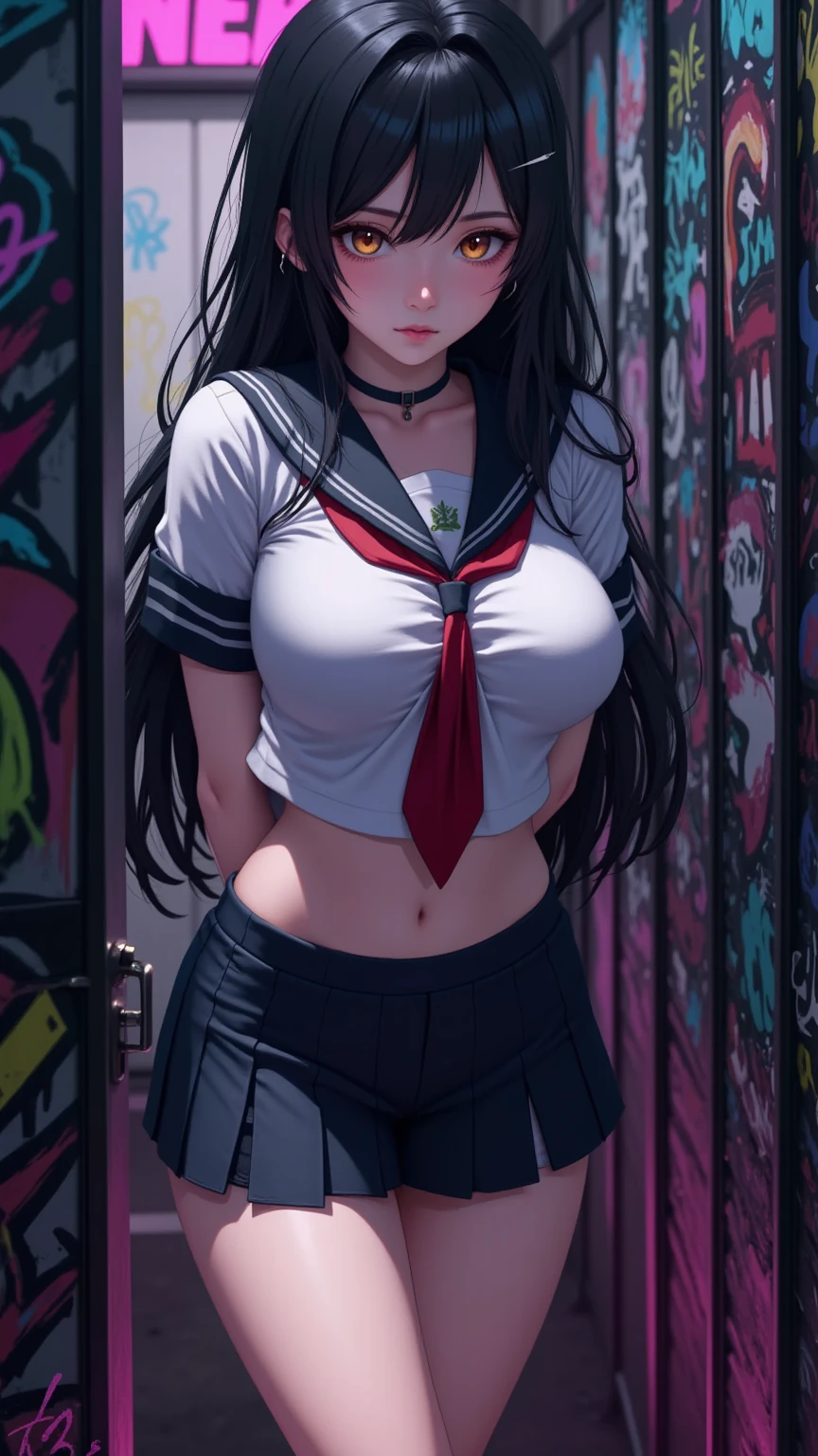 One girl、uniform　sexy　Erotic　Black Hair　mini skirt　Student Uniform　Sailor suit, Excellent anatomy, masterpiece, Highest quality,Realistic, hyperRealistic, 16k hdr,(((skirt lift))),NSFW、Long Hair、Straight Hair、bangs、freckles、Brown Hair、high school girl、White panties、Slender、Slender body、In the locker room, asian high school girl, huge breasts, cleavage, Lewd, horny, sexual gaze, huge breasts, cleavage, edgy graffiti graphic design with a neon pink, orange, and yellow colored palette, sexy pose, big orange eyes, ulzzang, portrait, (anime), manga, (3D), sexy, 8ｋ, Highest quality, masterpiece, Sharp focus, yellow hair, orange eyes, ((from below)), arms behind back, (photorealistic), 