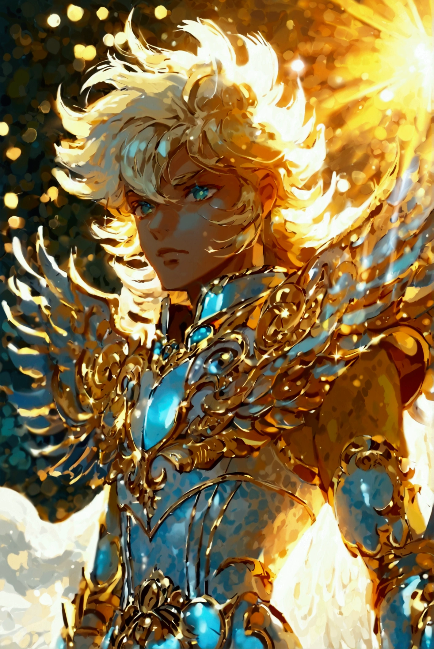 Draw an 18-year-old Apollo in a kamui armor inspired by *Saint Seiya*, radiating youth, grace, and an ethereal warmth. He stands tall and athletic, with golden hair that falls slightly past his shoulders, catching the light like rays of the sun. His eyes are a bright, radiant gold, filled with wisdom, confidence, and a playful spark. Apollo’s armor shines in a brilliant golden-yellow hue with accents of white, evoking sunlight and purity. The chestplate is adorned with sunburst engravings, each ray etched with tiny, intricate designs symbolizing harmony, poetry, and the arts. His pauldrons are crafted to resemble stylized sunrays, fanning out elegantly from his shoulders, while his cape is a shimmering white with hints of gold, flowing like beams of sunlight behind him.

In his hand, Apollo wields a golden lyre with strings that seem to glow, symbolizing his role as the god of music and poetry, while a golden bow and a quiver of arrows are slung across his back, representing his skill as an archer. His armor emits a soft, radiant glow, as if infused with sunlight, casting a warm aura around him. Delicate patterns of laurel leaves are engraved along his gauntlets and greaves, a nod to his victories and his association with prophecy and healing. The backdrop is a sky painted with dawn’s light, with hints of golden clouds and radiant sunlight breaking through, embodying Apollo’s role as the god of the sun, music, and healing.